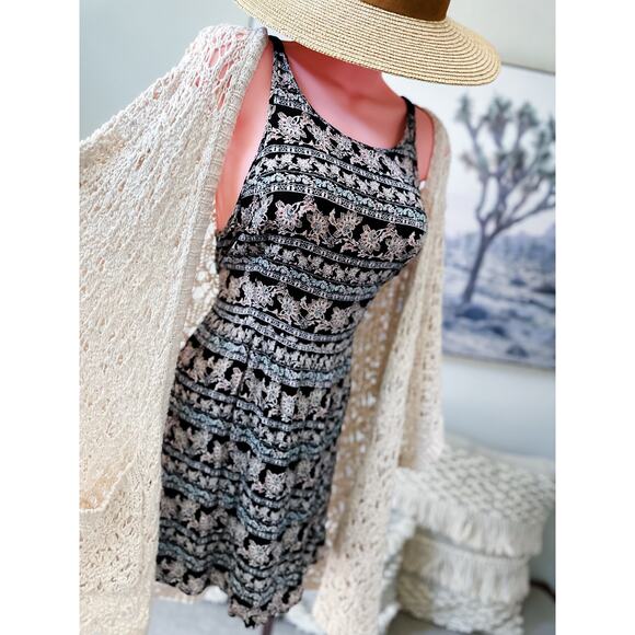 New boho printed flowy strappy back tunic mini dress L - Picture 1 of 8